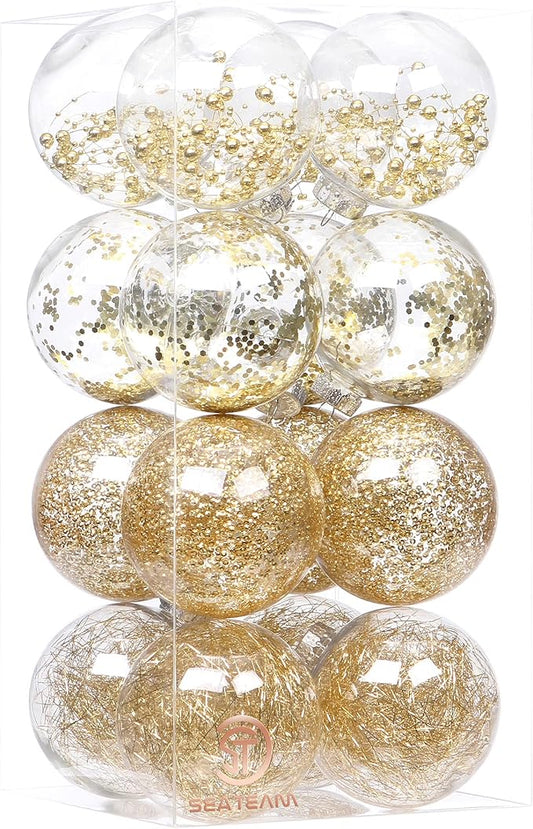Sea Team Shatterproof Clear Plastic Christmas Ball Ornaments Decorative Xmas Balls Baubles Set with Stuffed Delicate Decorations (100mm/3.94 inch 16-Pack, Gold)