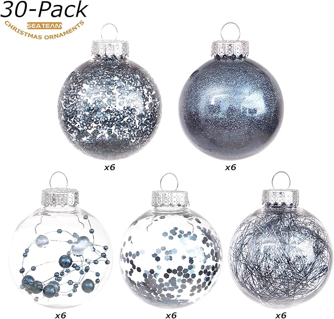 Sea Team Shatterproof Clear Plastic Christmas Ball Ornaments Decorative Xmas Balls Baubles Set with Stuffed Delicate Decorations (60mm/2.36 inch 30-Pack, Stone Blue)