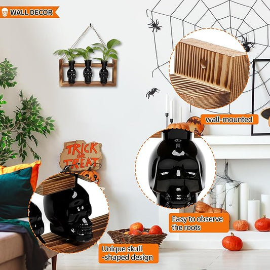 Plant Terrarium Propagation Stations Hydroponics Halloween Skull Planter Vase Skulls Decor with Wooden Stand Gife for Father