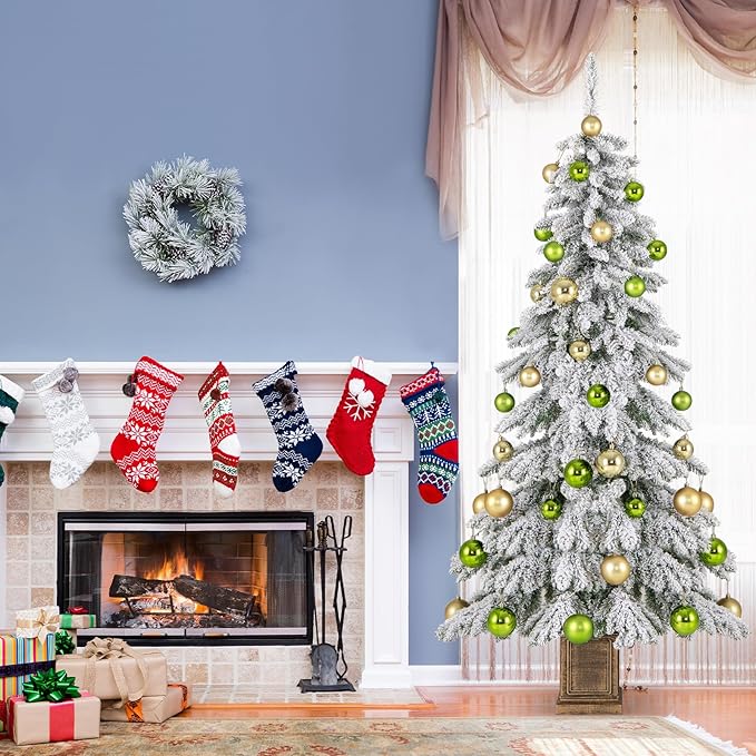 HAPPYGRILL 6 FT Unlit Artificial Christmas Tree Set of 2, Hinged Xmas Tree with 589 Flocked Branch Tips, 48 Xmas Balls, Vintage Cement-Filled Flowerpot & Gloves, Potted Decoration Tree