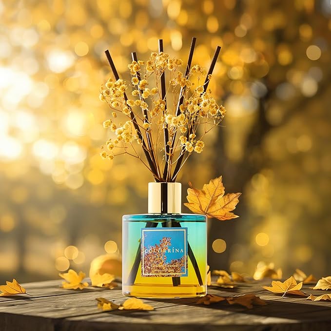 COCORRÍNA Reed Diffuser - Golden Leaves Reed Diffuser Set with 8 Sticks & Preserved Baby's Breath, Reed Diffuser for Home Bathroom Shelf Decor