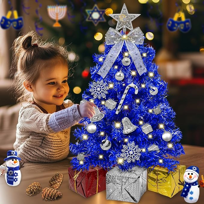 Timer - Hanukkah Decorations 24 Inch/2 FT Blue Tabletop Christmas Tree with Lights, 20 Warm White Lights 8 Mode, 27 Orantment Star Boxes Mini Small Christmas Tree Home Party Table Xmas Hanukkah Decor