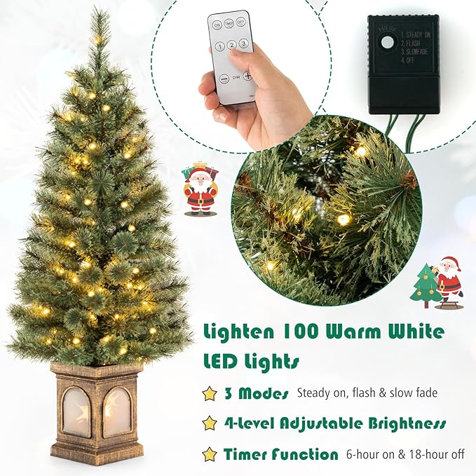 HAPPYGRILL 4 FT Pre-Lit Christmas Tree Set of 2, Artificial Xmas Entrance Tree w/116 Branch Tips, 3 Lighting Modes, 100 LED Lights & Cement-Filled Base, Pine Needles, Remote Control, Holiday Decor