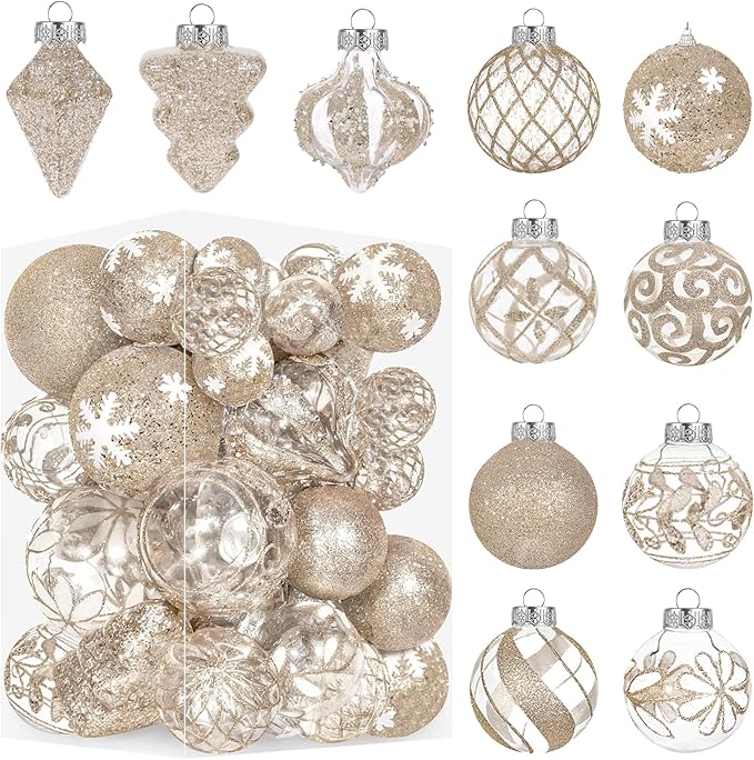43 PCS Christmas Ball Ornaments Set, Clear Plastic Shatterproof Champagne Christmas Ornaments Hanging Balls Baubles Xmas Tree Decorations for Holiday Home Indoor Wedding Party Decor