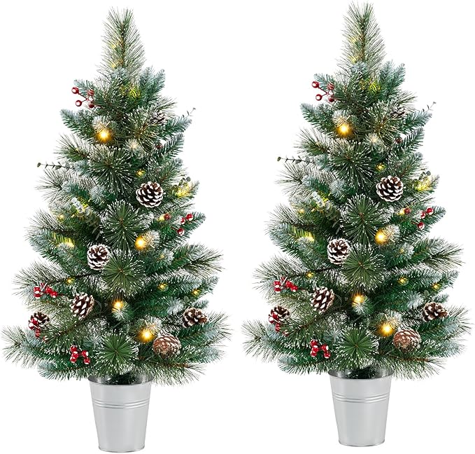 Goplus 3ft Pre-Lit Mini Tabletop Christmas Tree, 2 Pack Artificial Small Battery Operated Xmas Tree with 20 Warm White LED Lights, 8 Modes, Timer, 81 PVC & Pine Needles, for Home Office Decoration