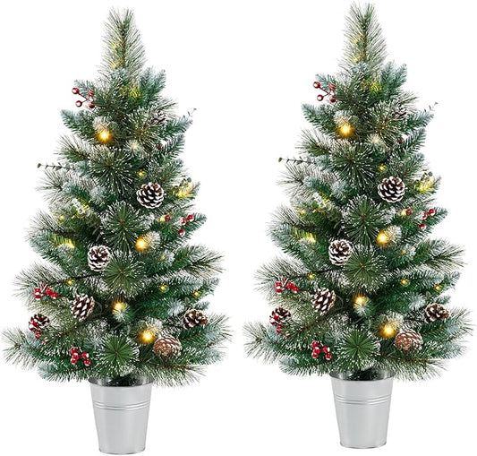 Goplus 3ft Pre-Lit Mini Tabletop Christmas Tree, 2 Pack Artificial Small Battery Operated Xmas Tree with 20 Warm White LED Lights, 8 Modes, Timer, 81 PVC & Pine Needles, for Home Office Decoration