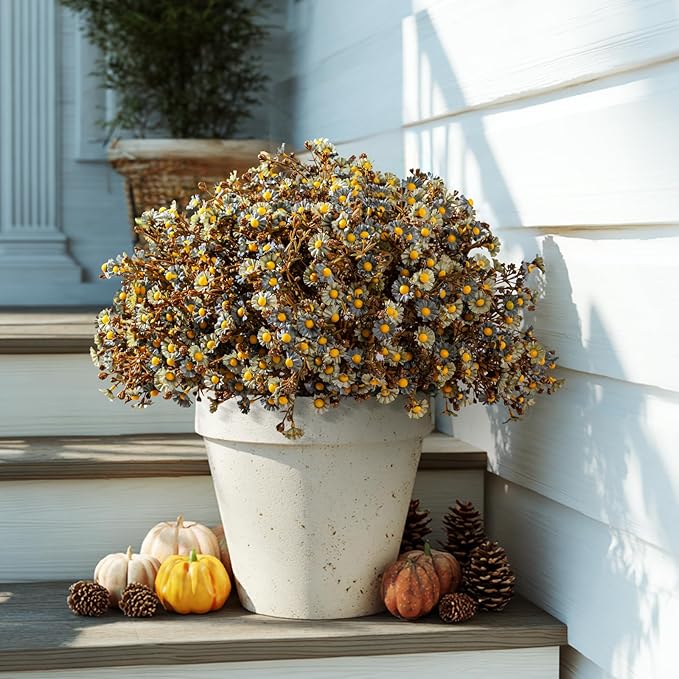 Artificial Daisy Flowers for Outdoor 16 Bundles Faux Daisy Flower UV Resistant No Fade Floral for Home Indoor Outside Garden Porch Window Box Balcony Yard Porch Fall Decor (Blue)