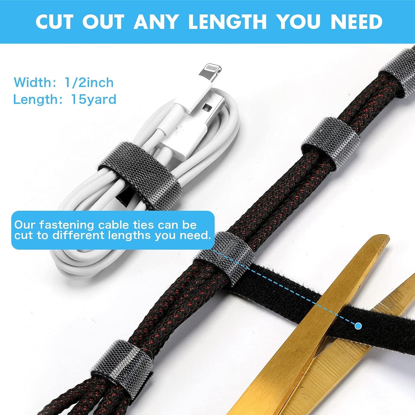 WILLBOND 1/2 Inch x 45ft Fastening Tape Cable Ties Reusable Fastening Nylon Tape Double Side Hook Roll Hook and Loop Straps Wires Cords Management Wire Organizer Straps (Black)