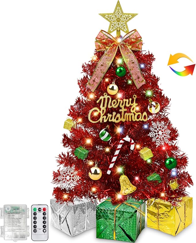 Dual Color Change&Remote Control 24 Inch/2FT Red Tabletop Christmas Tree with Lights Timer, 20 LED Warm White&Colored Lights 8 Modes 27 Orantments Star Boxes Mini Small Xmas Tree Home Holiday Decor