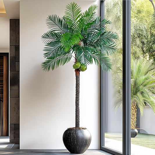 8.2FT Artificial Phoenix Palm Tree with Coconut Fruit Artificial Plants Indoor Outdoor Large Faux Coconut Palm Tree Tropical Fake Palm Plant for Modern Farmhouse Yard Outside Patio Poolside