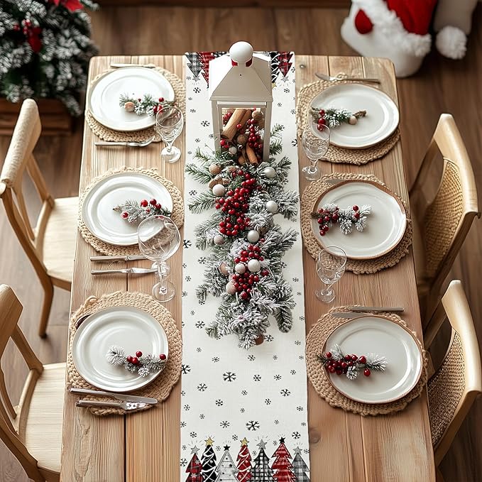 GEEORY Christmas Table Runner 13x48 Inch, Xmas Tees Snowflakes Holiday Decorative Farmhouse Table Decoration for Kitchen Dinning, Indoor Outdoor Dinner Party Decor ((Red & Black) GT165-48