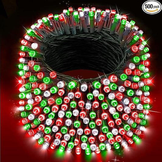 XURISEN Christmas Lights Outdoor 197FT 500 LED Green Wire String Lights 8 Modes with Timer Memory Waterproof Fairy Light Plug in for Xmas Tree Wedding Yard Party Holiday Decorations(Red+Green+White)