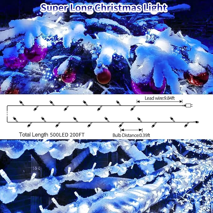 200 FT 500 LED Christmas Lights Outdoor Fairy Lights Plug In Extra Long String Lights Clear Wire Waterproof 8 Modes Timer for Outside House Tree Garden Yard Wedding Party Decorations-Blue & White
