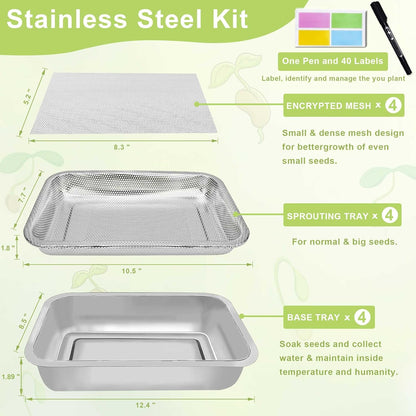 Stainless Steel Sprouts Growing Kit 4-Tier 10.4 inch Trays, Microgreens Growing Kit, Seed Sprouting Tray with Encrypted Mesh Sprouts for Beans Alfalfa Broccoli Wheat Grass
