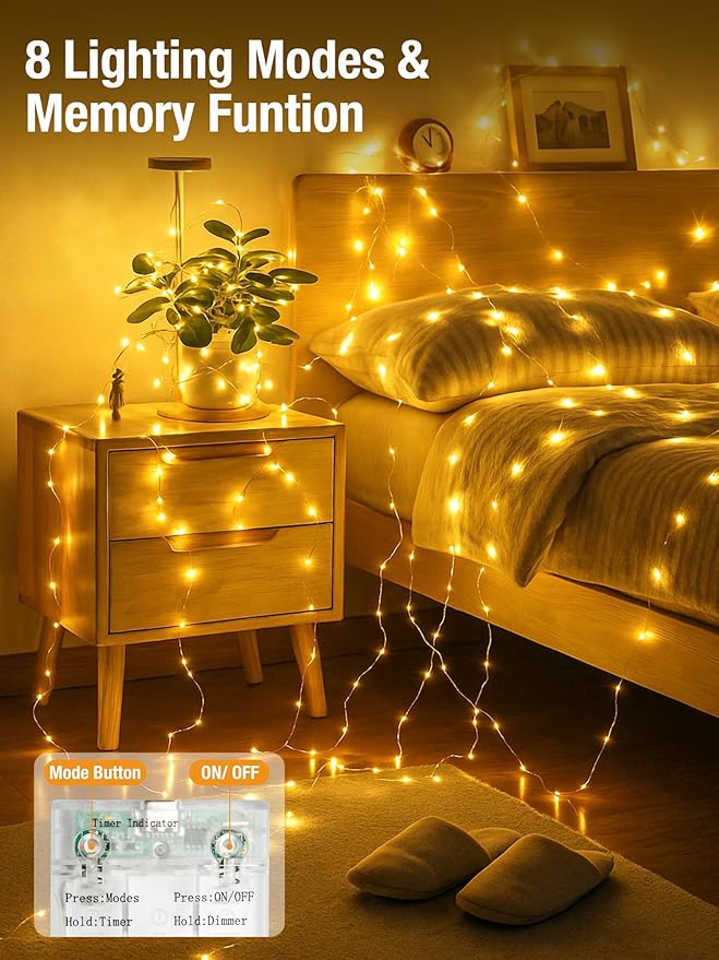 btfarm 8 Pack Fairy Lights Battery Operated with Timer, 16.4 FT 50 LED Twinkle String Lights 8 Modes Dimmable Waterproof Silver Wire for Indoor Christmas Bedroom Wedding Decorations, Warm White