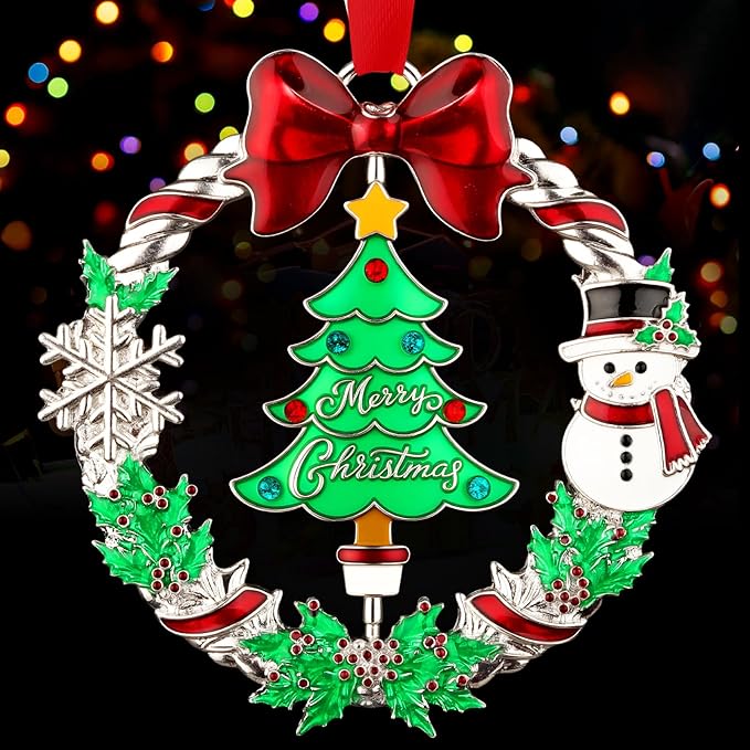 Christmas Ornament 2025 for Christmas Tree Hanging Decorations, Xmas Wreath Ornament with Rotatable Christmas Tree, Dated 2025 Metal Xmas Ornament for Holiday Decorative Keepsake Gift
