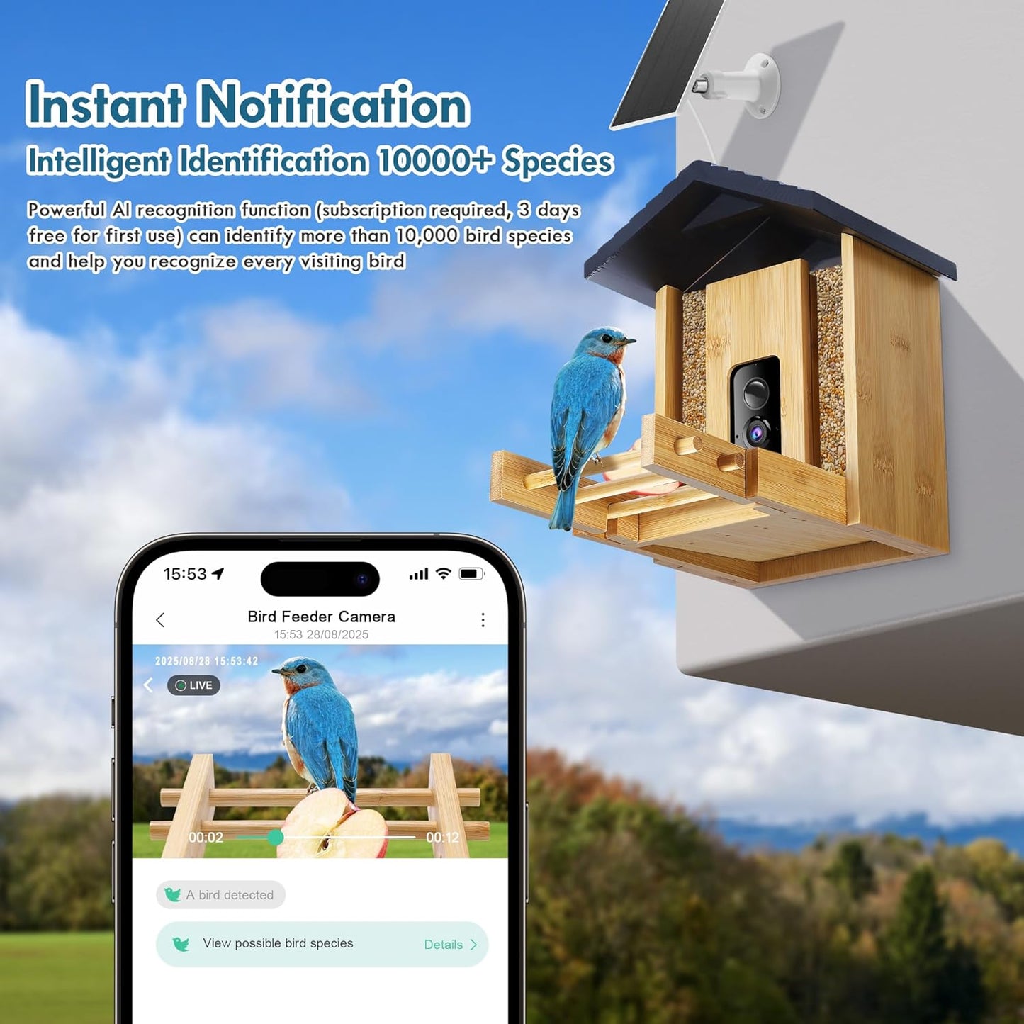 Bird Feeder, 5MP Solar-Powered Smart Bird Feeder with Camera, AI Identifies Birds 10000+, 2.4GHz, Color Night Vision, Instant Notification, Easy to Use, 1.5L Birds Feeders for Outdoor, Yard