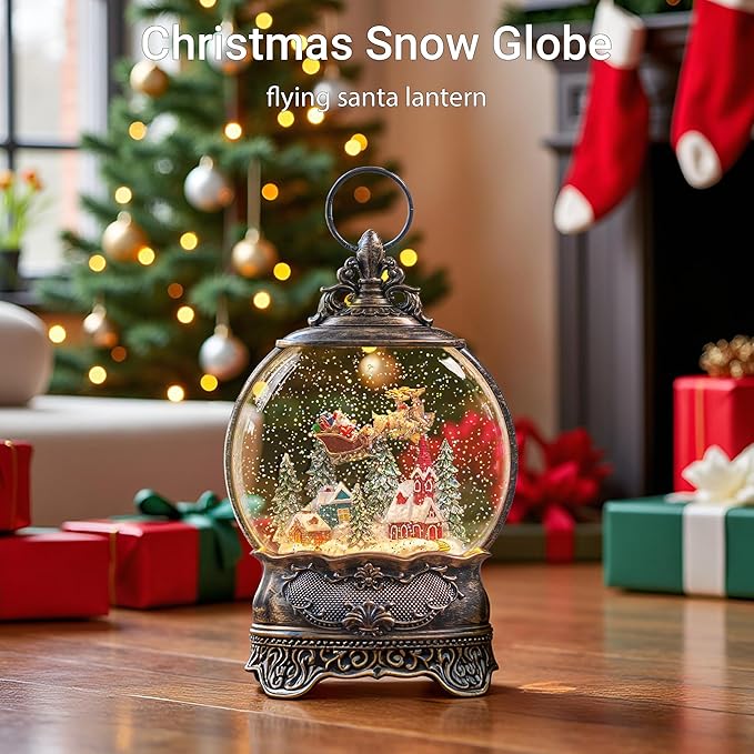 Christmas Snow Globe Lantern with Santa Claus is Coming in his Sleigh!Lighted Swirling Glittering Snow Globes with Music & Timer, Christmas Decorations for Home Tabletop Indoor Gifts