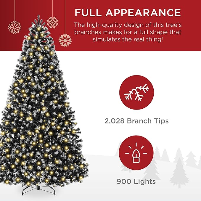 Best Choice Products Artificial Frosted Christmas Tree, 9ft Premium Pre-Lit Realistic Spruce Holiday Décor w/Dense Branches, Metal Base – Black Spruce