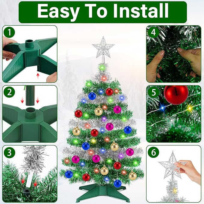[ 12 Modes & Timer ] 3 Ft Green & Silver Small Christmas Tree with 50 LED Lights, 20 DIY Ornaments, Battery Operated Prelit Christmas Tree Indoor Home Fireplace Holiday Xmas Christmas Decorations