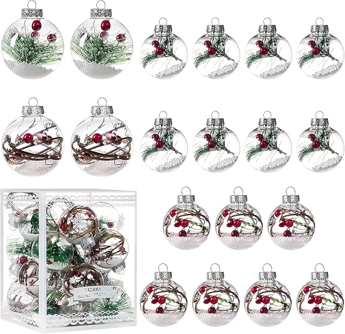 Christmas Ornaments Ball Set-Shatterproof Clear Plastic Decorative Baubles for Xmas Tree House Holiday Wedding Party Decoration,19Pcs (Pine Needle)