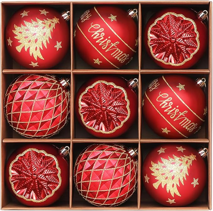 SHareconn 100MM/4 Inch 9PCS Large Christmas Balls Ornaments, Shatterproof Plastic Hanging Big Baubles Set for Xmas Tree Decoration Holiday Party Wedding Decorations with Hook,Red and Gold