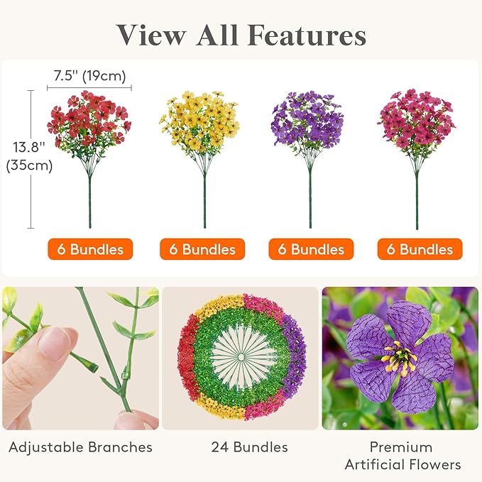 Lifewit Artificial Flowers for Outdoor Indoor, 24 Bundles Plastic Fake Flowers Daisy with Eucalyptus Leaves for Home Garden Decor, Porch, Window Box(Mix for Fuchsia Purple Yellow Red)