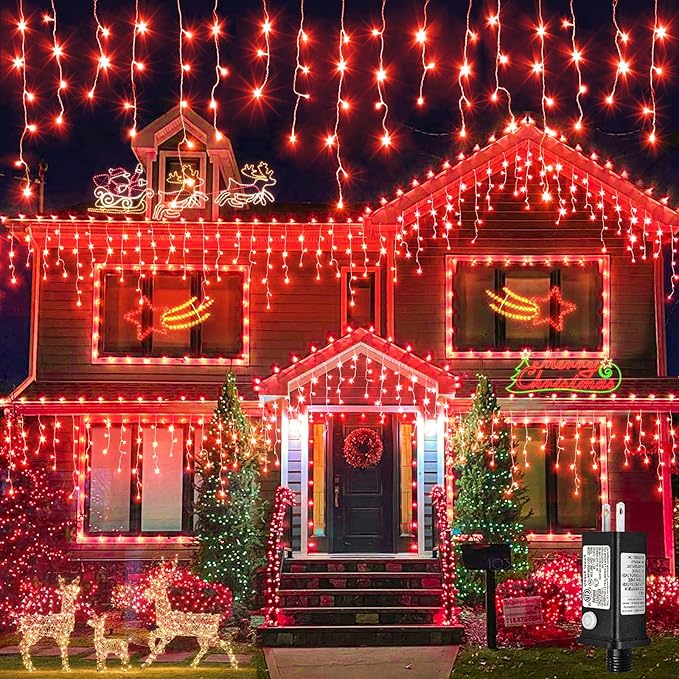 Icicle Lights for Outside, 33ft 400 LED Icicle Christmas Lights Outdoor with 75 Drops 8 Modes, Waterproof Red Christmas Light for House Plug in for Indoor Party Holiday Halloween Decorations