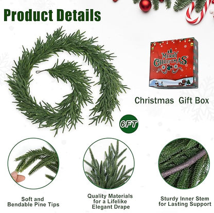 Realistic Thick and Lush Christmas Garland for Mantle Christmas Decorations Indoor 6FT Real Touch Artificial Pine Garlands for Stairs Railing Outdoor Fireplace Table Xmas Holiday Decor Winter Greenery