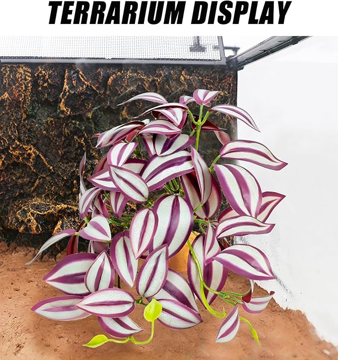 Woyrise Reptile Plants for Terrarium Decor, Ball Python Tank Accessories fit Bearded Dragon Crested Leopard Gecko Lizard Chameleon Snake Frog Tortoise Hermit Crab - Fake Zebrina Purple