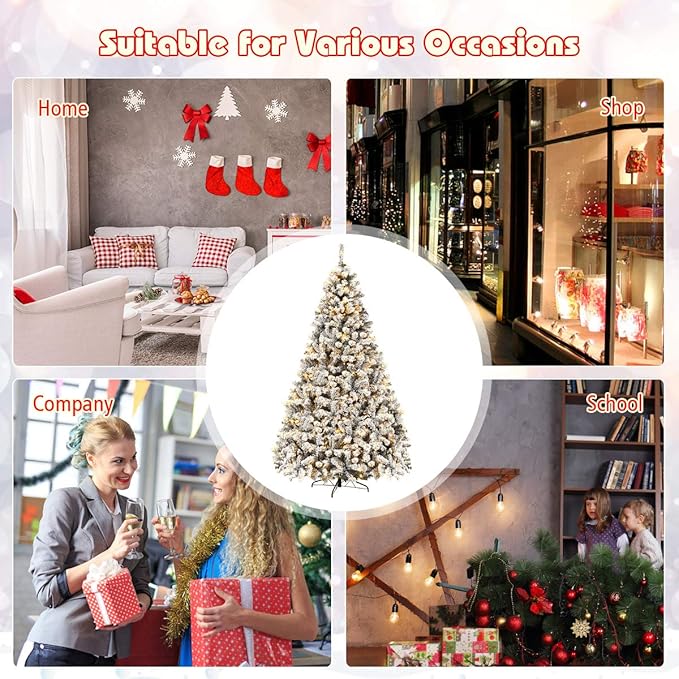 COSTWAY 9 FT Pre-Lit Christmas Tree, Snow Flocked Hinged Xmas Tree with 1498 Branches Tips & 550 LED Lights, Metal Stand, Artificial Pine Lighted Holiday Tree for Home Office Decorations