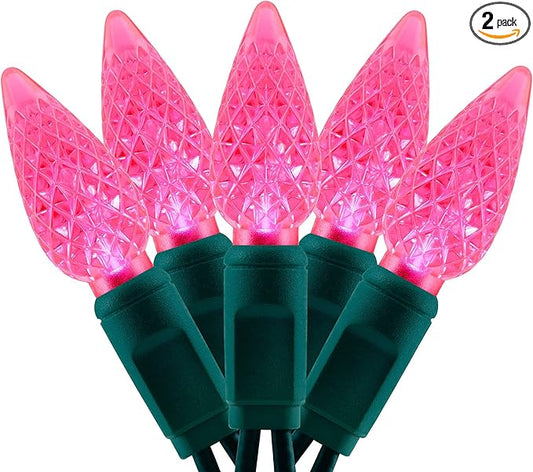 YULETIME Pink One-Piece C6 Strawberry Christmas Lights 140 Count 71 Feet, 2 Sets 70 LED 35.5 ft High Waterproof UL Certified String Light (Pink)