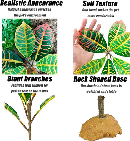 Woyrise Reptile Plants for Terrarium, 9" Fake Rubber Tree Ball Python Tank Accessories Habitat Decor fit Crested Gecko Leopard Bearded Dragon Lizard Chameleon Snake - Codiaeum variegatum