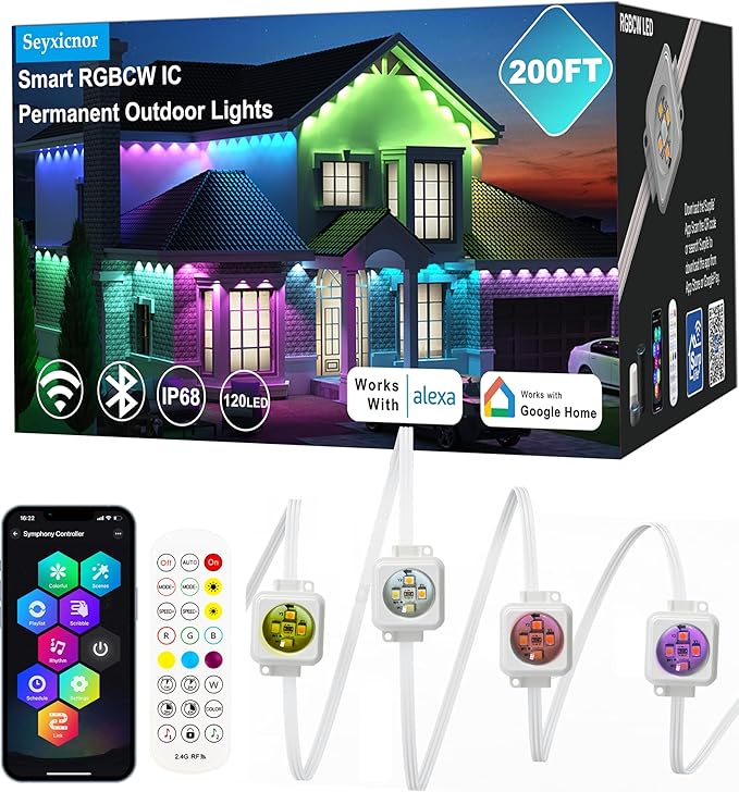 RGBCW Permanent Outdoor Lights,108 Scene Modes Smart Outdoor Christmas Lights with Voice Remote APP Control, IP68 LED Eaves Lighting for Halloween Party, Daily Garden Decor (120LED 200FT)