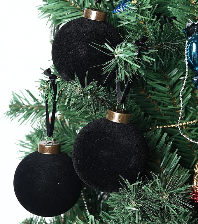 6 Pcs Velvet Christmas Balls Bulk Shatterproof Plastic Christmas Tree Decorations for Decorative Hanging Baubles (6, Black, 3.94Inch)
