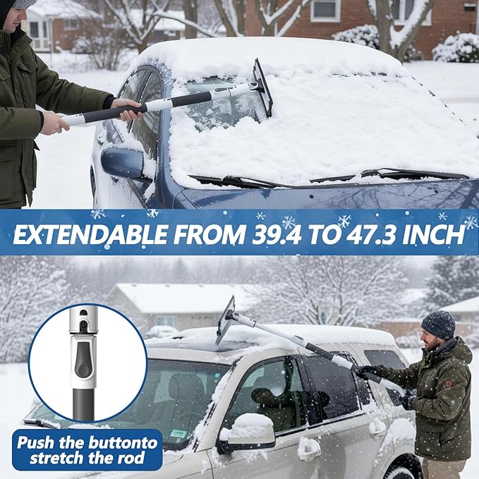 47.3" Car Snow Brush and Ice Scraper, 3-in-1 Extendable Snow Shovel with Wide Head Snow Shovel and Ice Scraper 180° Pivoting Snow Brush Head for Car Windshield, Durable Snow Remover with Foam Grip
