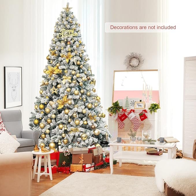 COSTWAY 9 FT Snow Flocked Christmas Tree, Artificial Holiday Hinged Pine Tree with 1498 Branch Tips, Solid Metal Stand, Premium Xmas Full Fake Tree for Home, Office, Party Decoration