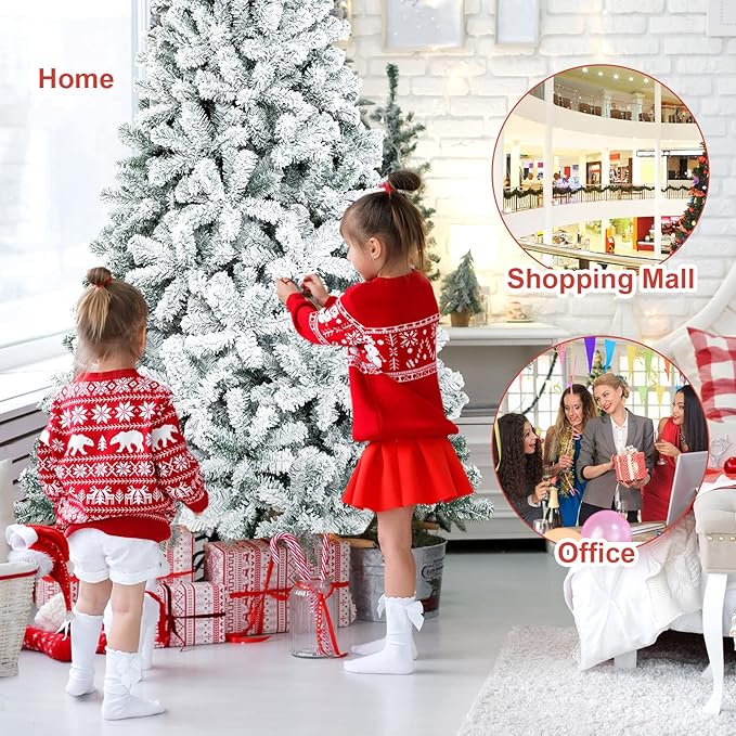 COSTWAY 7.5 FT Snow Flocked Christmas Tree, Artificial Holiday Hinged Pine Tree with 1010 Branch Tips, Solid Metal Stand, Premium Xmas Full Fake Tree for Home, Office, Party Decoration