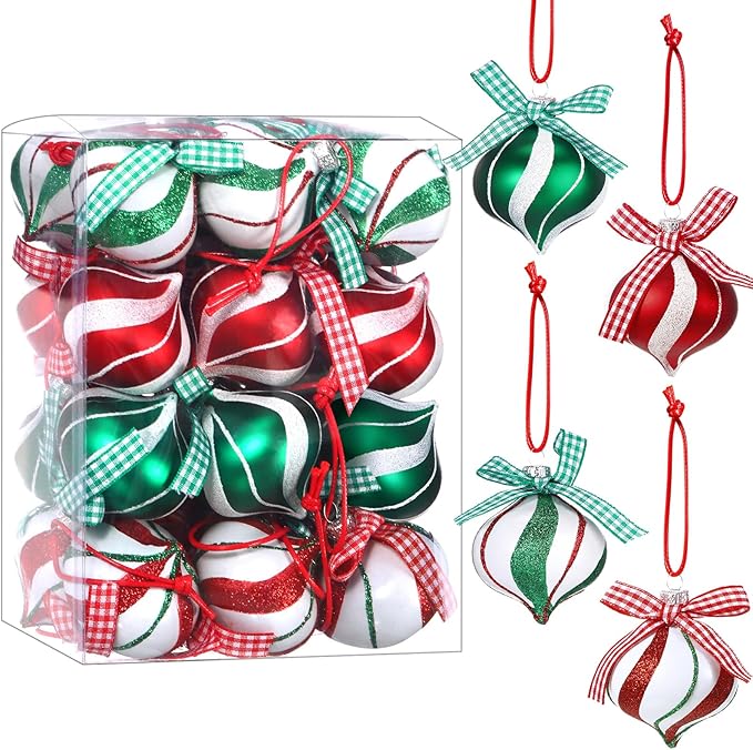 Syhood 24 Pcs Christmas Tree Ornaments, Christmas Ball Decorations Set, Shatterproof Baubles Xmas Tree Hanging Decor, Peppermint Candy Ball Red White Green Stripes Party Holiday(Bright,2.36 Inches)