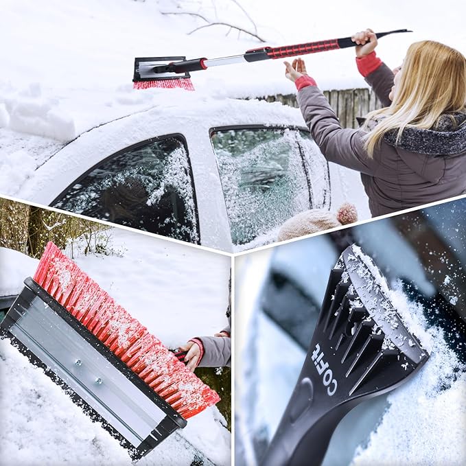 COFIT Car Snow Brush with Ice Scraper and Squeegee 3 in 1, 39" Extendable Cleaning Kit Long Handle, Windshield Snow Removal Tool Scratch Free for SUV Truck RV Window Roof Exterior Wash Supplies, Red
