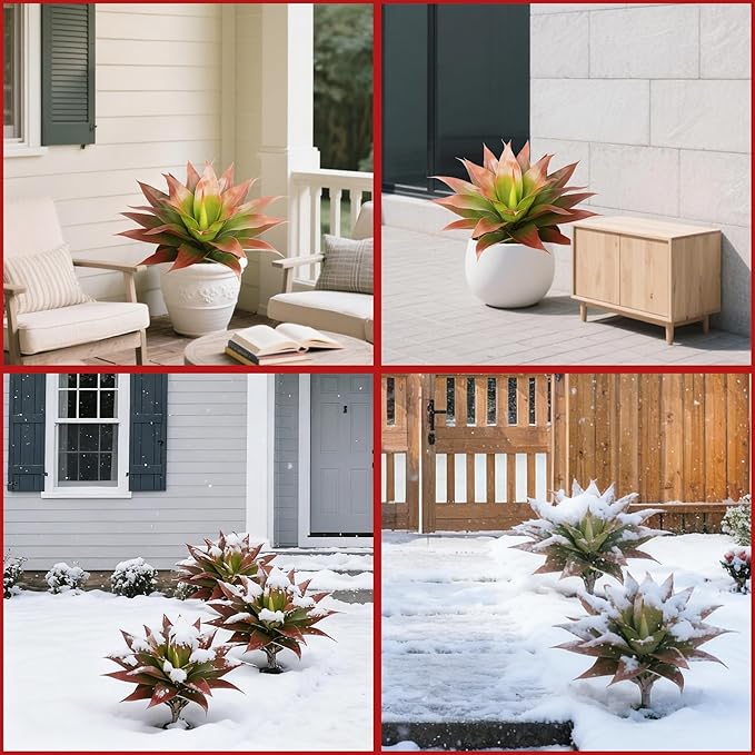 24 Inch Red Artificial Agave Plant with Ground Stake, Realistic Faux Succulents for Home Decor, UV-Resistant Fake Agave Plant for Indoor Outdoor Planters, Porch, Patio, Balcony, Poolside, 2 Pack