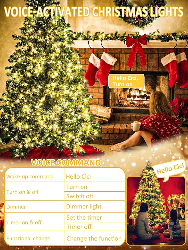 Voice Control Smart Christmas Lights Indoor Outdoor, Clear Wire 66Ft 200 LED String Lights Waterproof, 12 Modes Twinkle Fairy String Light for Xmas Tree Wedding Party Bedroom Decorations (Warm White)