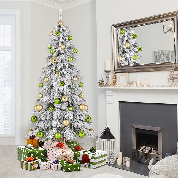 GOFLAME 6FT Potted Artificial Christmas Tree, Snow Flocked Xmas Tree with 589 Branch Tips, 48 Decorative Balls & Vintage Flowerpot, Hinged Holiday Decoration Tree for Home Party Entrance