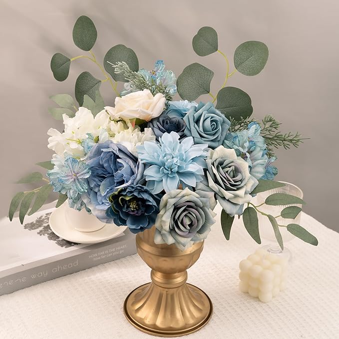 Artificial Flowers Combo Box Set Dusty Blue Flowers for DIY Wedding Bouquet Arrangements Bridal Shower Party Home Decorations(White Blue Rose)