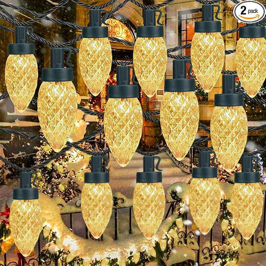 KAQ 2PK 100LED Warm White C9 Christmas Lights Waterproof Indoor Outdoor, 98FT Extendable C9 String Lights Plug in with 13 Lighting Modes, Christmas Decorations for Party Patio, Outside Yard Decor