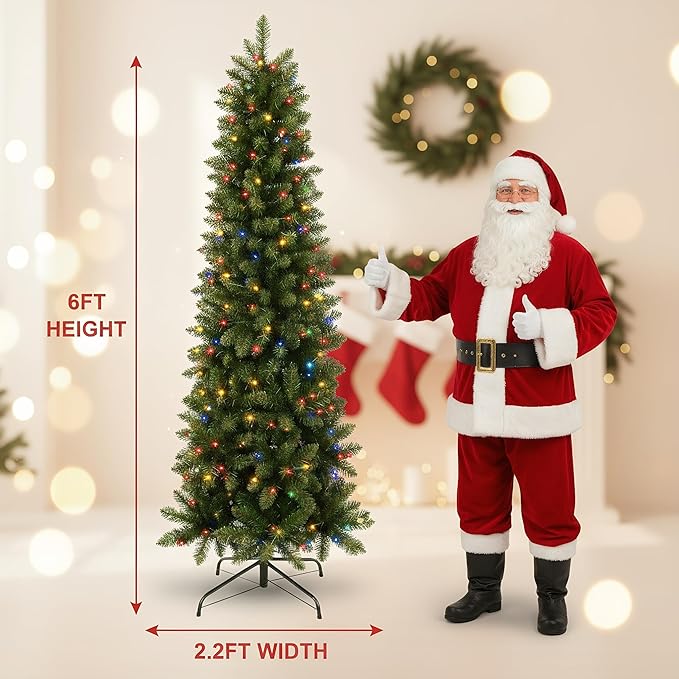 Himimi Pre-lit Christmas Artificial Tree Slim Pencil Tree Space Saving, 6ft Skinny Christmas Trees with Multi Colored Lights, Foldable Metal Stand