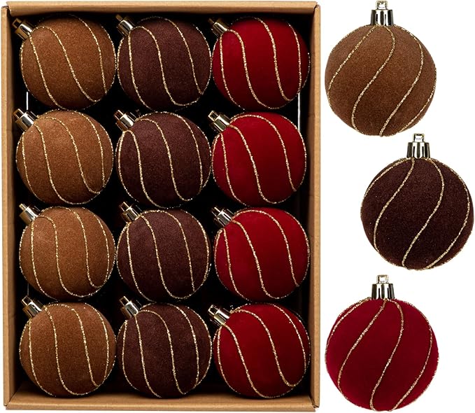 24PCS Velvet Christmas Ball Ornaments Set, 2.36" Shatterproof Baubles for Christmas Tree Decorations, Gold-Lined Hanging Baubles with Velvet Finish for Thanksgiving Holiday Party Décor, Multicolour