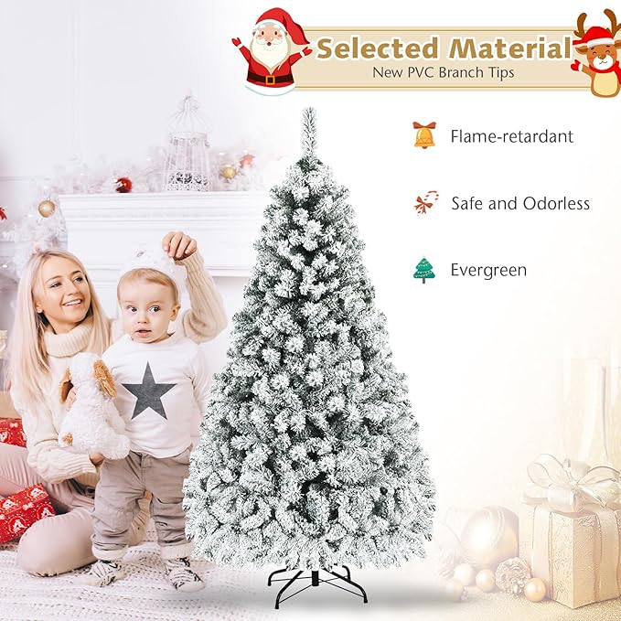 COSTWAY 6 FT Pre-Lit Christmas Tree, Snow Flocked Hinged Xmas Tree with 600 Branches Tips & 250 LED Lights, Metal Stand, Artificial Pine Lighted Holiday Tree for Home Office Decorations
