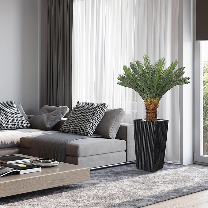 4FT Artificial Cycas Tree, Faux Sago Palm Tree with Planter, Decorative Rocks, Fake Palm Tropical Plant with Authentic Leaves and Trunk for Home Office Patio Porch Decor(Black)