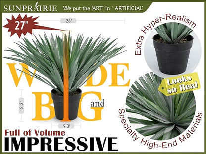SUNPRAIRIE 27 inches Tall Artificial Agave Plant in Black Pot with Real Stone Pebbles, 126 Realistic Leaves. Large Faux Plants Indoor and Outdoor.